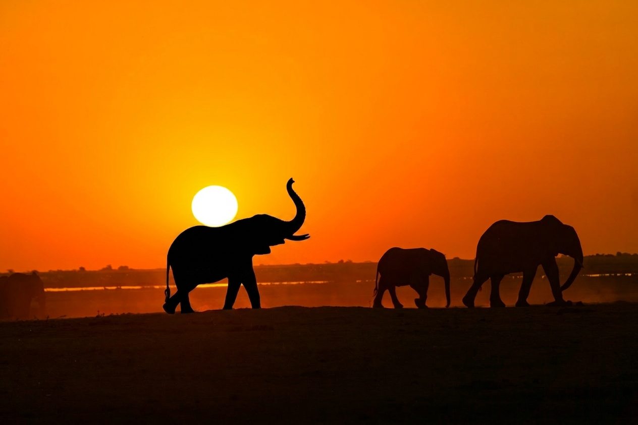 Elephant herd in silhouette at warm sunset